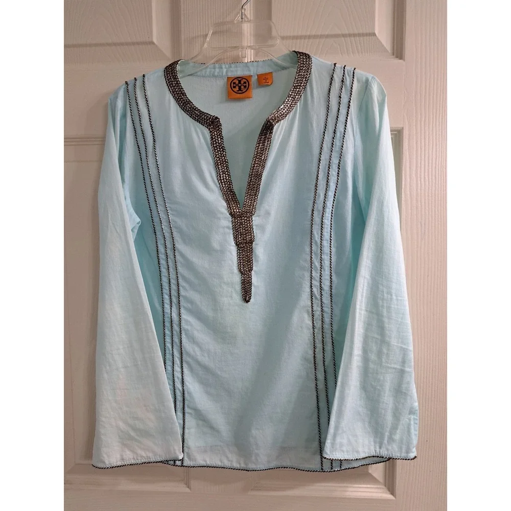 Tory Burch Sky Blue Tunic/Shirt w Brown SilverEmbellishments Size 4. 100% Cotton